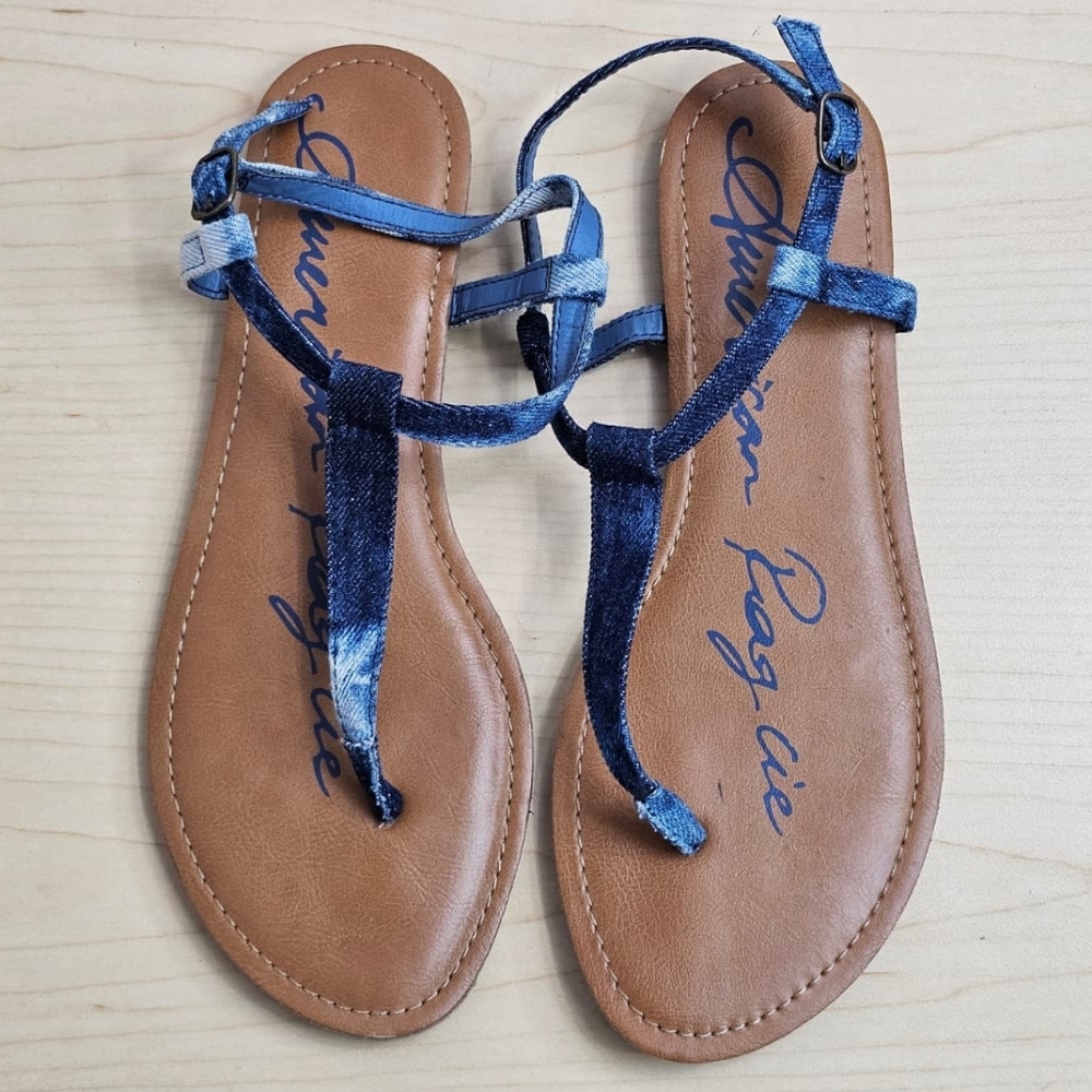 American Rag Krista Denim T-Strap Thong Sandals, Sz 8